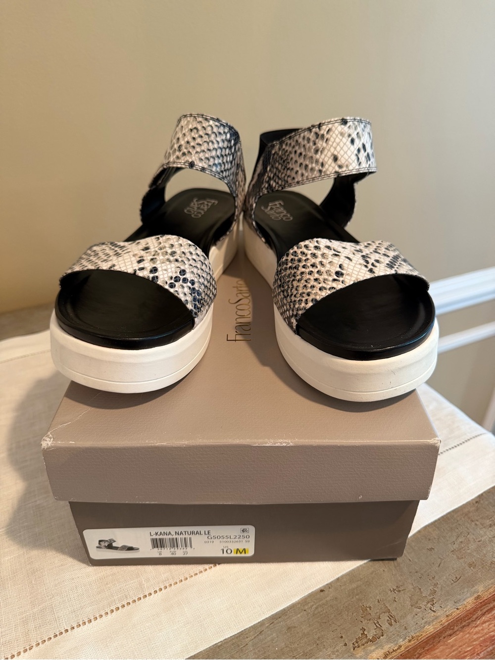 Franco Sarto White & Black Snake-Print Platform Sandals